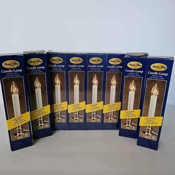 Vtg Set of 8 Solid Brass Candle Lamp 4 NEW Dusk to Dawn Electric Christmas 1716 - Picture 3 of 4